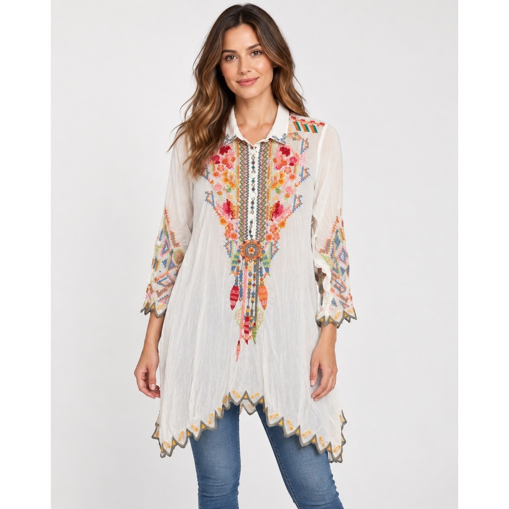 Johnny Was Tunic Top Embroidered Floral Rayon Boho Sharkbite White Small